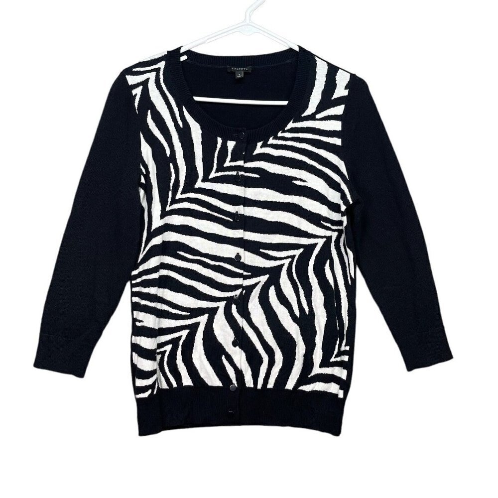 Talbots Zebra Cardigan Sweater Womens Size S Black White Knit‎ 3/4 Sleeve